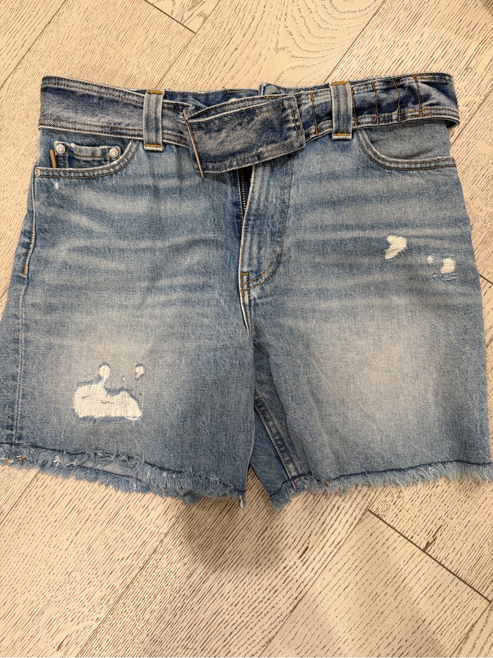 Ganni Light Blue Distressed Denim Shorts with Belt